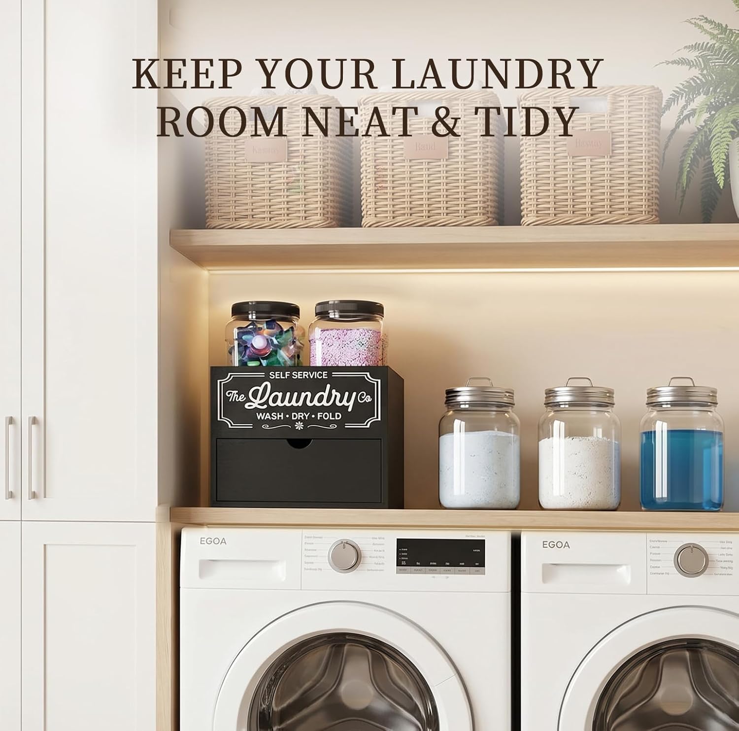 Laundry Pods Container and Dryer Sheet Holder for Laundry Room Organization&Decor, Detergent Powder Container Include 2 Plastic Jars with Lids for Powder, Pods, Scent Booster Beads