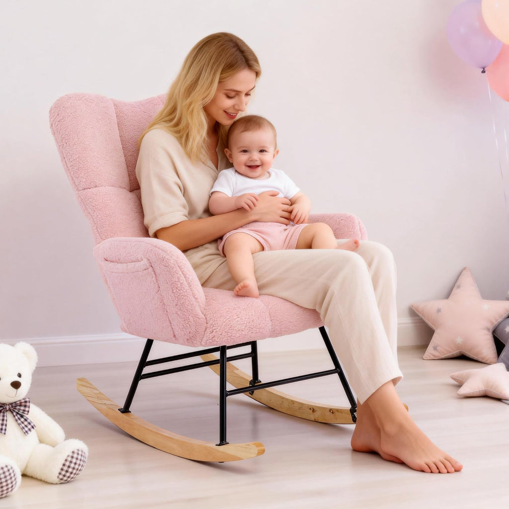 KEEZY Nursery Rocking Chair with Footrest Upholstered Glider Rocker Padded Seat with High Backrest Armchair Comfy Side Chair for Living Room Bedroom Pink Sherpa
