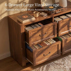 Vinyl Record Storage Cabinet with 4 Drawers, Holds Up to 300 LPs, 39” Large Record Player Stand & Turntable Table, Modular Media Console, Wood Album Organizer for Living Room, Cracked Oak