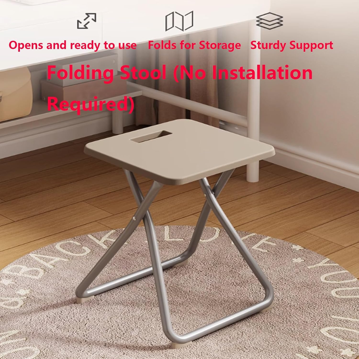 No Assembly Required Folding Stool with Portable Handle, X - Shaped Stable Structure Quiet & Non-Slip Foot Pads Foldable Chairs for Living Room, Balcony, Bedroom and More(Gray)