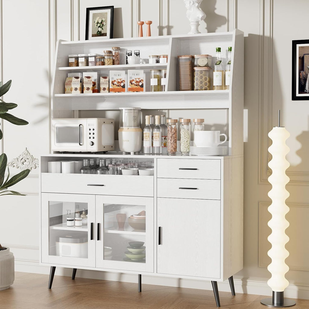 VOWNER Kitchen Hutch Storage Cabinet, Freestanding Kitchen Pantry with 2 Glass Doors and 3 Drawers, Modern Sideboard Buffet Cabinet, Barn Door Coffee Bar Station for Dining Room, Living Room (White)
