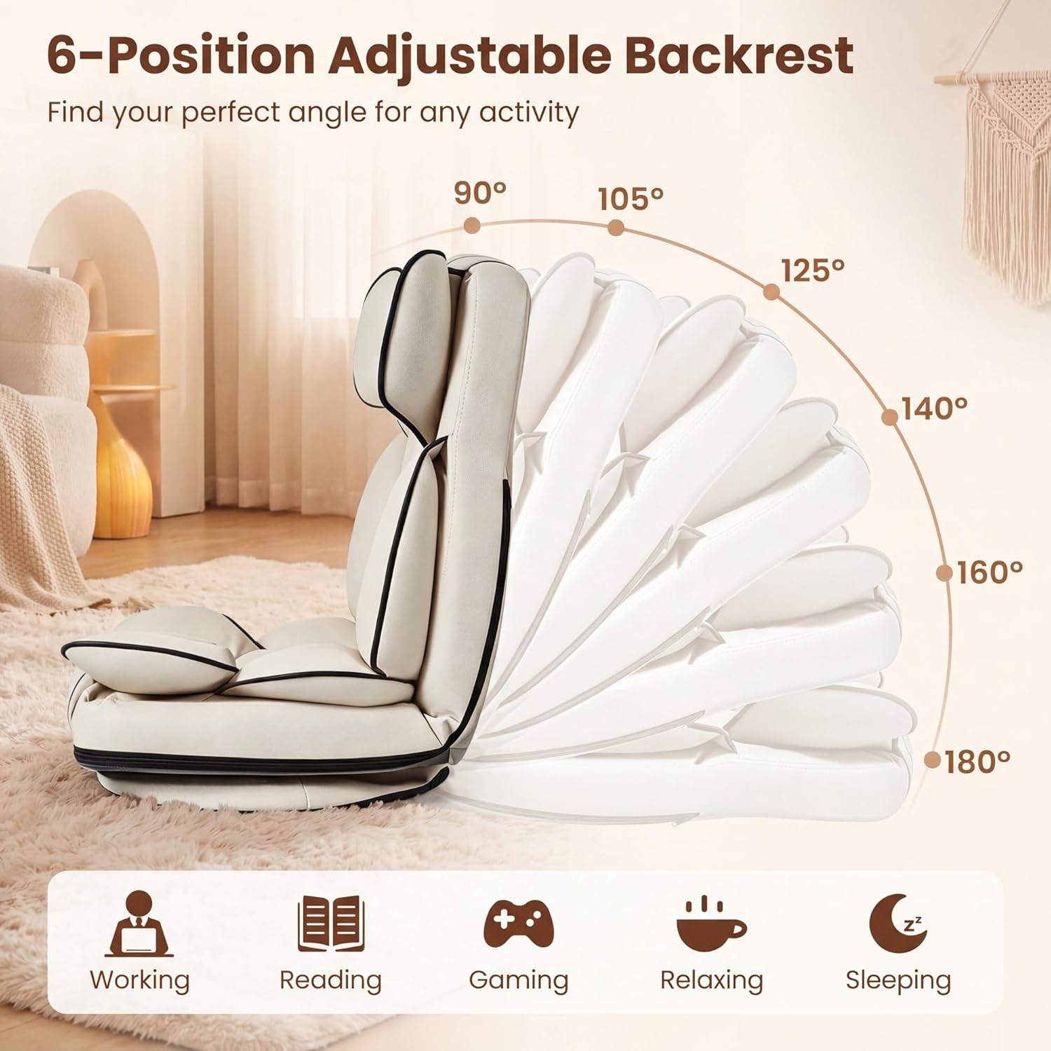 KOMFOTT 360° Swivel Floor Gaming Chair, Lazy Lounger Sofa with 6-Position Adjustable Backrest and Sponge Filling, Folding Floor Chair Lounge Chair for Reading, Relaxing, Gaming and TV Watching (Beige)