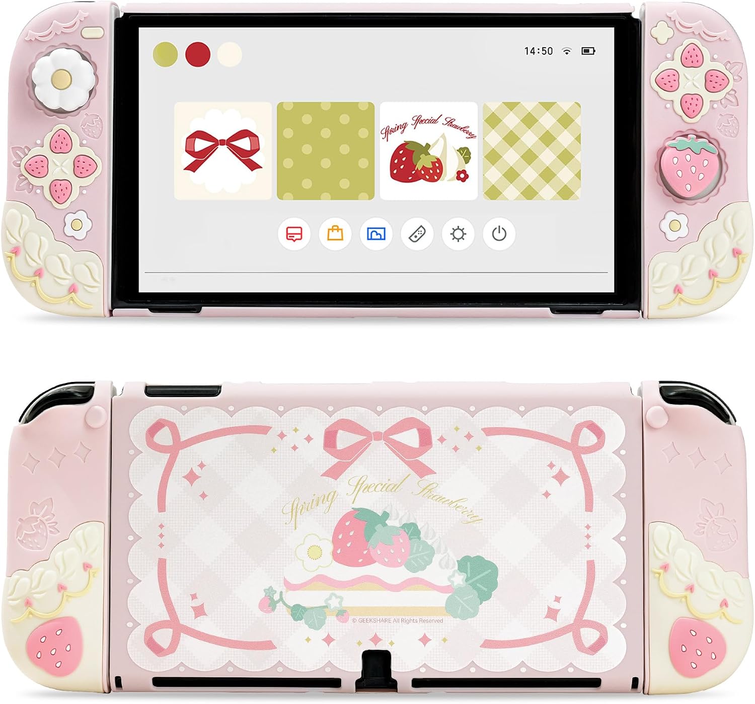 GeekShare Strawberries with Cream Case Compatible with Switch OLED, Soft Silicone Slim Protective Cover with Separable Shell and 2 Thumb Grips (Pink)