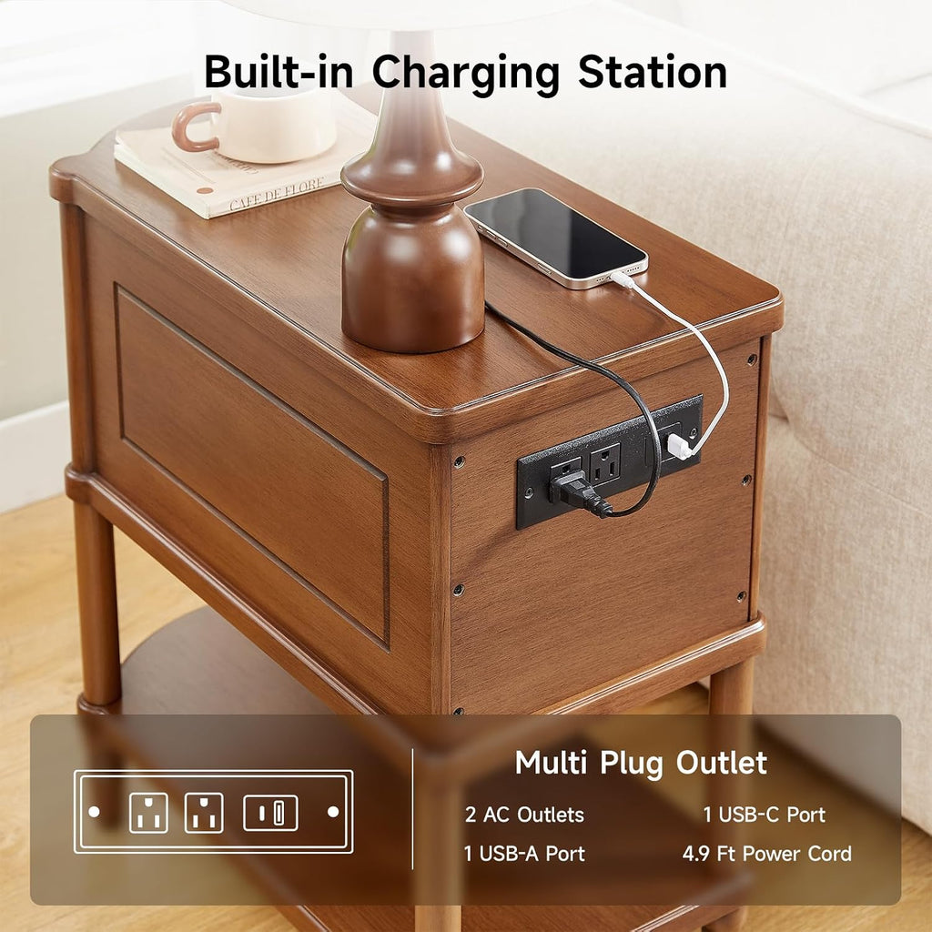 ONBRILL Narrow End Table with Charging Station, Pre-Assembled Nightstand with 2 Drawers & Shelf, Vintage Rustic Side Table with Storage, Wood Bedside Table for Bedroom Living Room, Walnut