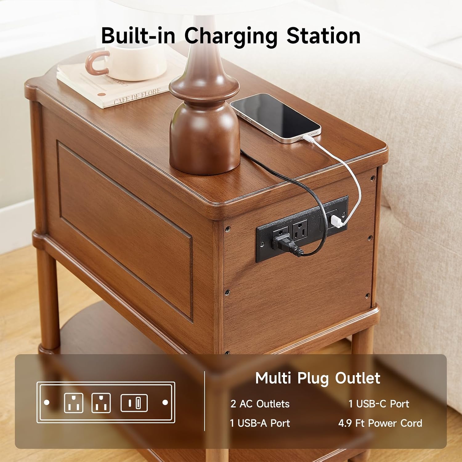 ONBRILL Narrow End Table with Charging Station, Pre-Assembled Nightstand with 2 Drawers & Shelf, Vintage Rustic Side Table with Storage, Wood Bedside Table for Bedroom Living Room, Walnut