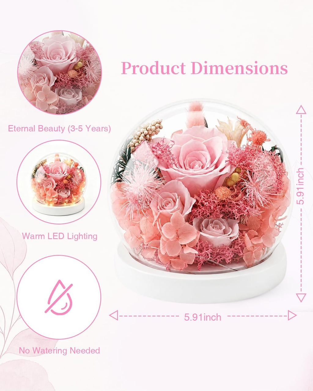 Forever Preserved Flowers Decoration in Clear Glass Dome, Long Lasting Flowers Gift for Her, Romantic Gift for Mother’s Day Valentine’s Day (Pink)