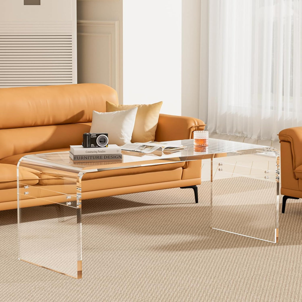 Premium Need Assembly 32" Acrylic Coffee Table,Clear Lucite Coffee Table for Living Room,Rectangle Plexiglass Center Waterfall Table,Supports 180 LBS,32"x16"x16",0.6" Thick Fit for 2 Seat Sofa