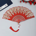 Lace Folding Fan with Tassel, Vintage White Gold Embroidery Hand Fan, Elegant Style Foldable Handheld Fan for Cosplay