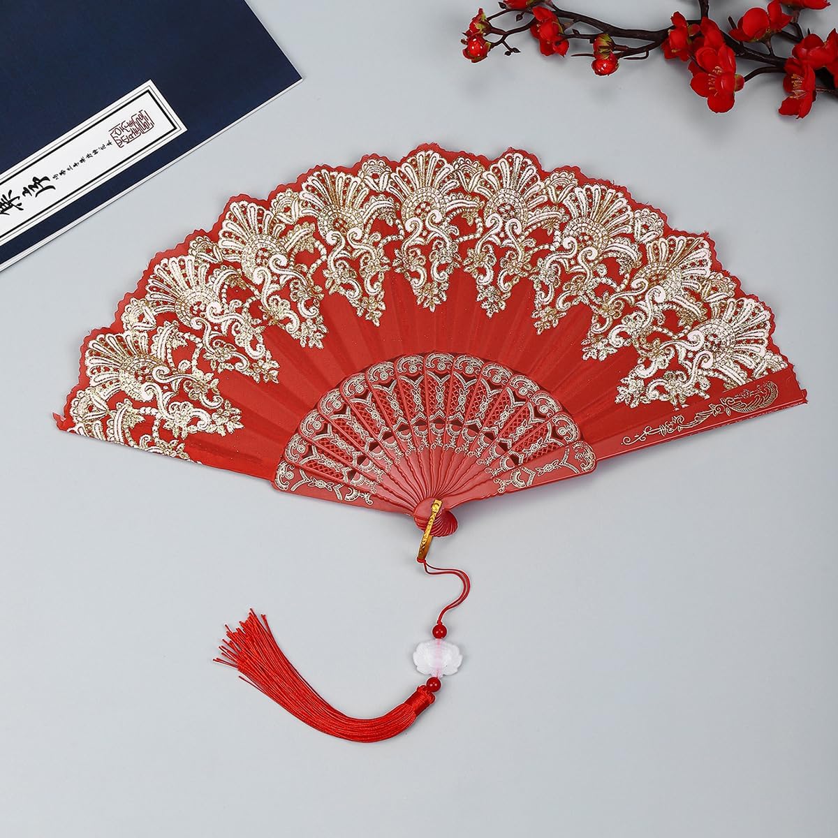 Lace Folding Fan with Tassel, Vintage White Gold Embroidery Hand Fan, Elegant Style Foldable Handheld Fan for Cosplay