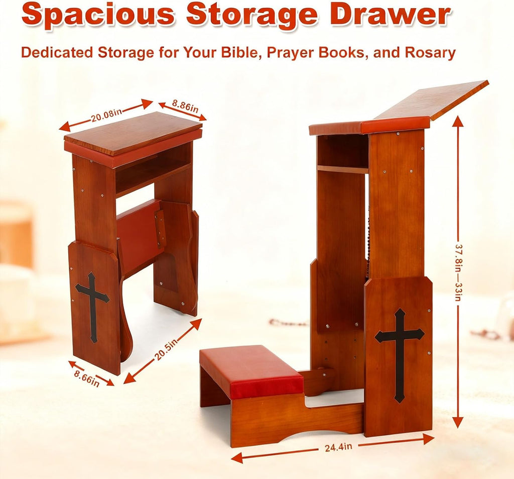Fanwer Folding Prayer Bench for Home Use - Adjustable Wooden Kneeler for Prayer & Meditation, Compact Kneeling Altar with Bookshelf, Ideal for Church, Chapel, or Personal Devotion