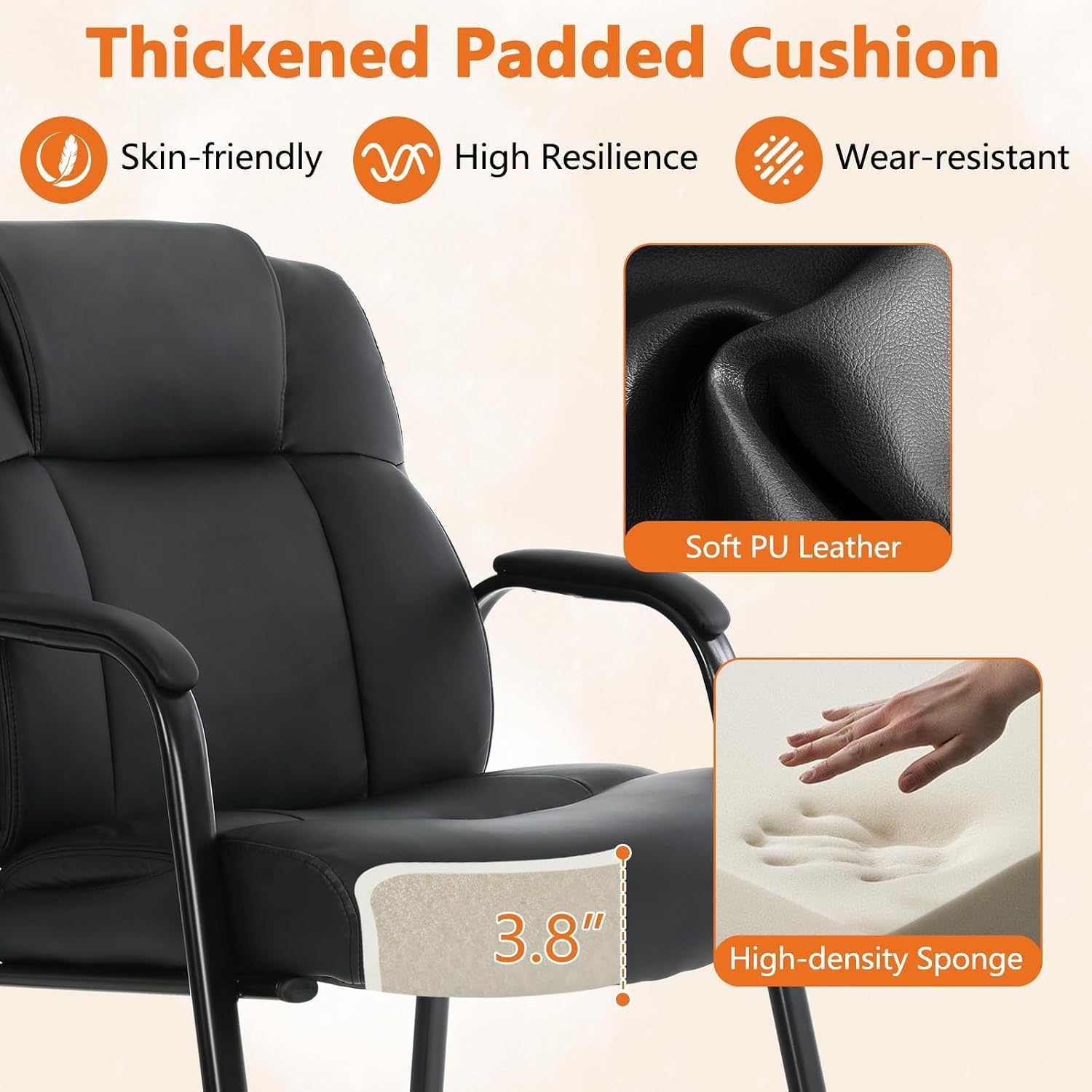 CLATINA Big and Tall Office Chair Set of 8 500lbs Leather Reception Chair with Bonded Padded Armrest Wide Seat Sled Base Desk Chair No Wheels for Reception Conference Waiting Room Side Office, Black