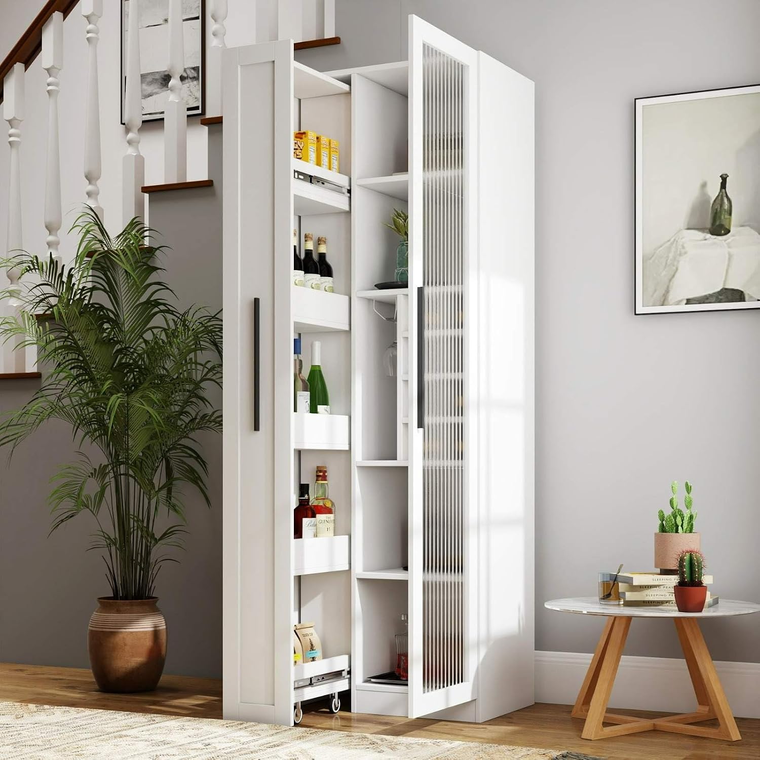Kitchen Pantry Cabinet with Glass Door & Pull Out Shelves, 70.87" Tall Storage Cabinet with Wine Rack, Modern Farmhouse Pantry for Kitchen, Dining Room, Bar, Space-Saving Cabinet, White