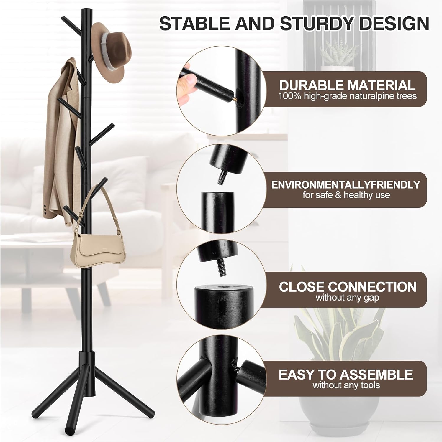 WANGMUXIA Coat Rack, Freestanding Coat Rack with 8 Hooks and 3 Adjustable Size Tree Coat Racks for Bedroom, Hallway, Entrance, Office, for Hats, Coats, Scarves, Handbags