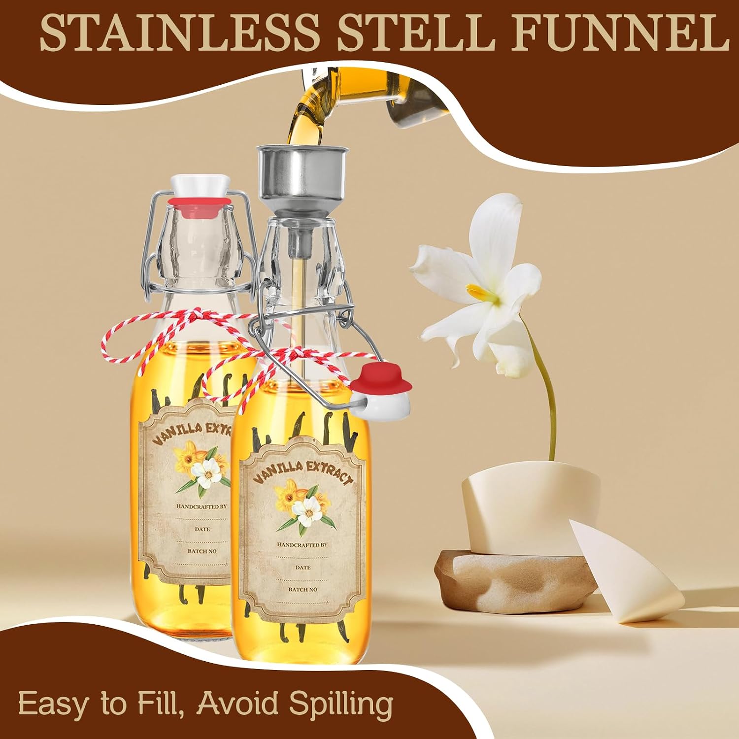 10 Pack Swing Top Glass Vanilla Extract Bottles 8 oz with Lids, Vanilla Extract Labels and Funnel, Glass Boston Bottles for Syrup Gift, Flip Top Jars