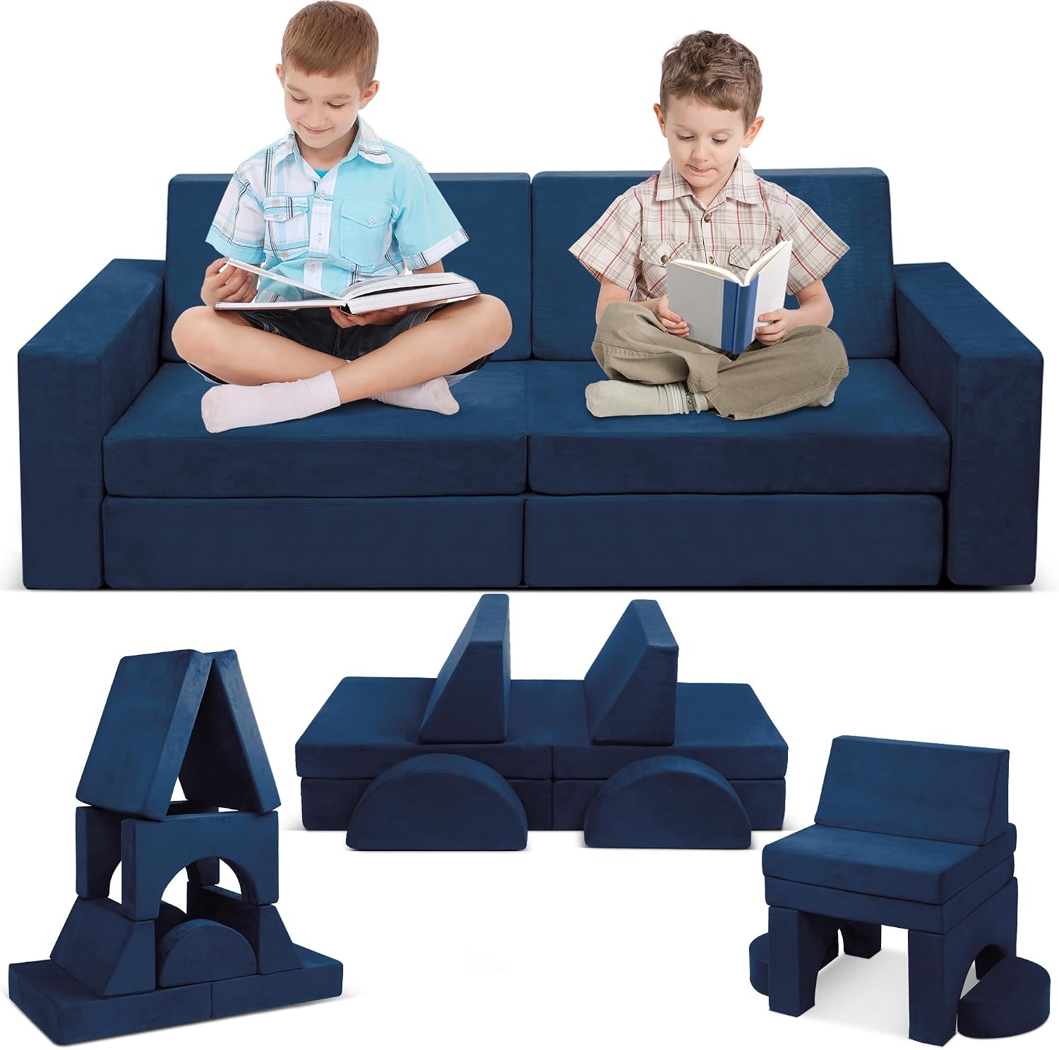 Betterhood Modular Kids Play Couch, 10PCS Child Sectional Sofa Imaginative Furniture Play Set for Creative Kids, Toddler to Teen Bedroom Furniture, Girls and Boys Playroom Convertible Sofa, Blue