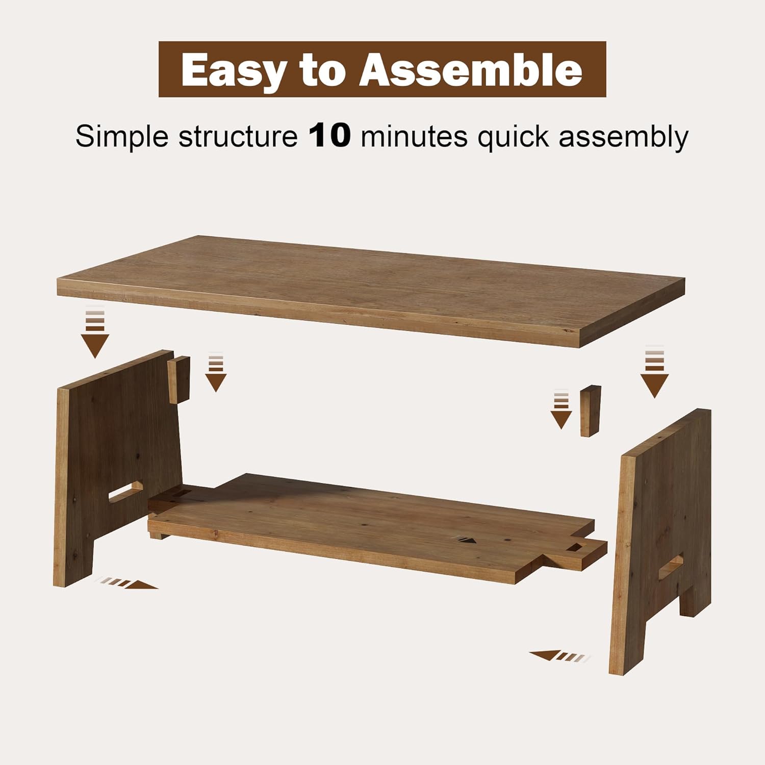 Farmhouse Wood Coffee Table - 43.4" Rectangle Coffee Table Solid Wood Tabletop, Center Tables with Storage Shelf for Living Room, Natural