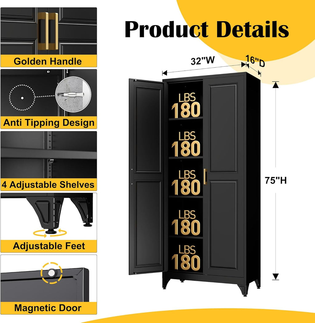 SteeLoong Kitchen Pantry Cabinet,75”Black Metal Storage Cabinets with Doors and 4 Adjustable Shelves,Kitchen Cabinet with 2 Gold Handles,Tall Cabinet for Livingroom, Bathroom