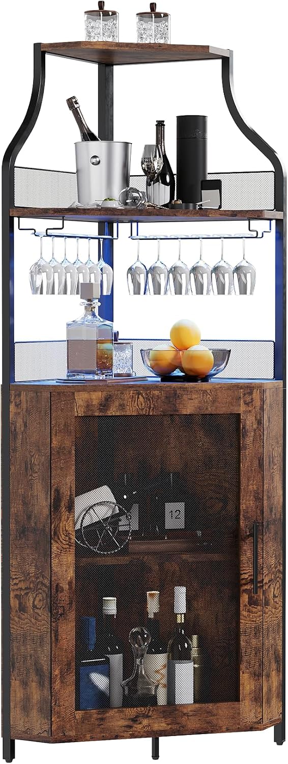 Garvee Corner Wine Rack Cabinet for Liquor Cabinet with Adjustable Shelves, 61 in Industrial Tall Bar Cabinet Freestanding with Mesh Door and Glass Holder for Kitchen, Rustic Brown
