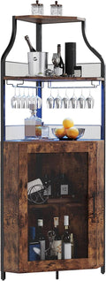 Garvee Corner Wine Rack Cabinet for Liquor Cabinet with Adjustable Shelves, 61 in Industrial Tall Bar Cabinet Freestanding with Mesh Door and Glass Holder for Kitchen, Rustic Brown