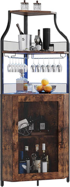 Garvee Corner Wine Rack Cabinet for Liquor Cabinet with Adjustable Shelves, 61 in Industrial Tall Bar Cabinet Freestanding with Mesh Door and Glass Holder for Kitchen, Rustic Brown