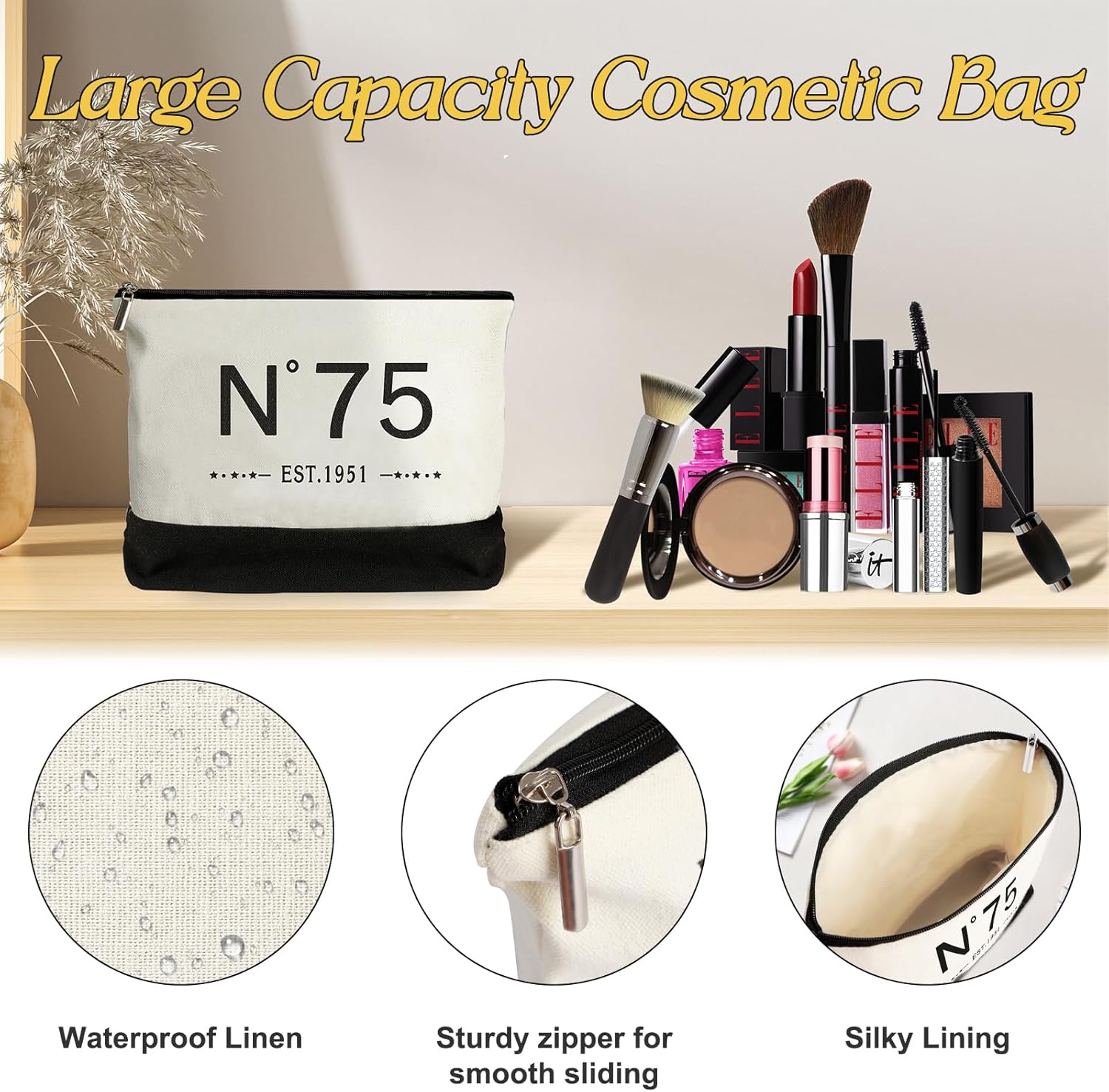 YeohJoy 75th Birthday Gifts for Women Canvas Tote Bag, Unique 75 Years Old Birthday Gifts for Aunt Mom Wife Friends Sister Her, EST.1951 Bag & Makeup Bag & Back in 1951 Poster