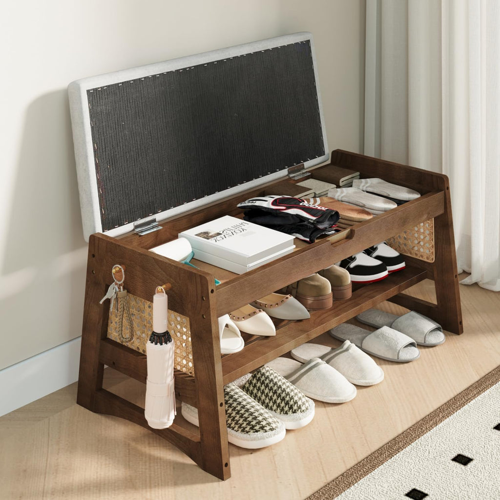 Shoe Rack Bench with Flip-Top Storage, 35.4" W x 15.7" H Solid Wood Entryway Bench Shoe Organizer with Cushion Side Hooks for Front Door Entrance Hallway Foyer Closet Living Room Bedroom