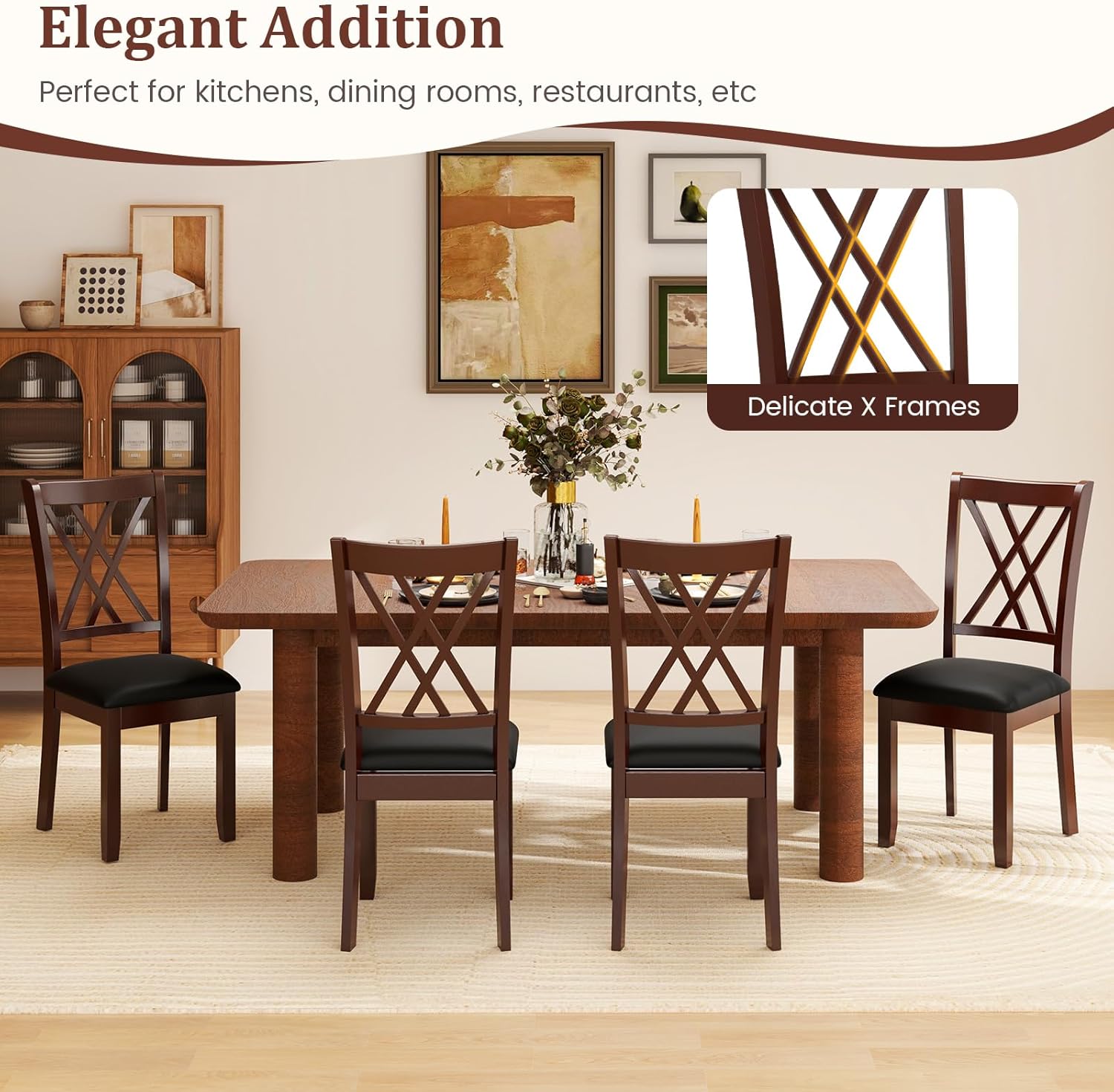 COSTWAY Set of 4 Dining Chairs, Wooden Kitchen Side Chair with PU Leather Padded Seat, Rubber Wood Frame & High Back, Farmhouse Dining Room Chairs for Home & Restaurant, Walnut