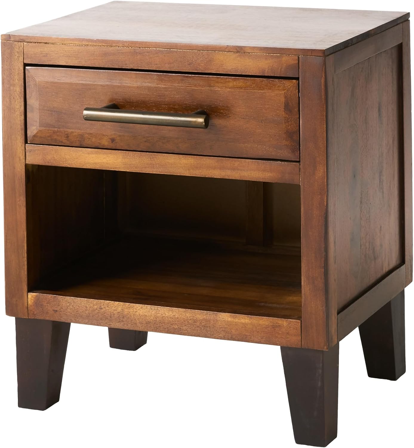 roomfitters Industrial Brown Acacia Wood End Table, Luxury 1-Drawer Storage Nightstand with Metal Frame, Contemporary Bedroom Bedside Unit
