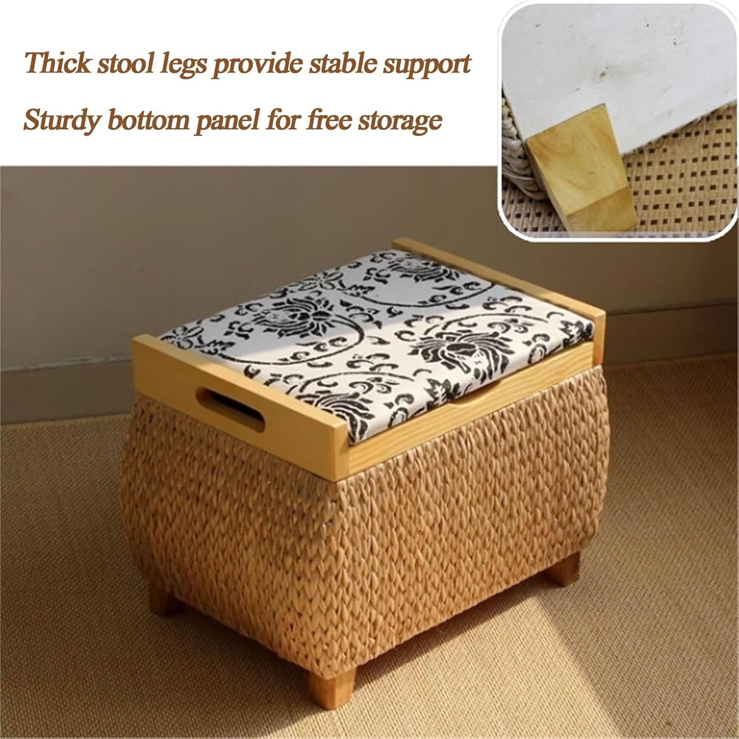 Ottoman with Storage Rattan Woven ，Bench with Padded Seat End of The Bed Entry Bench Footrest Stool for Hallway Living Room(Primary Color,40cm/15.7in)