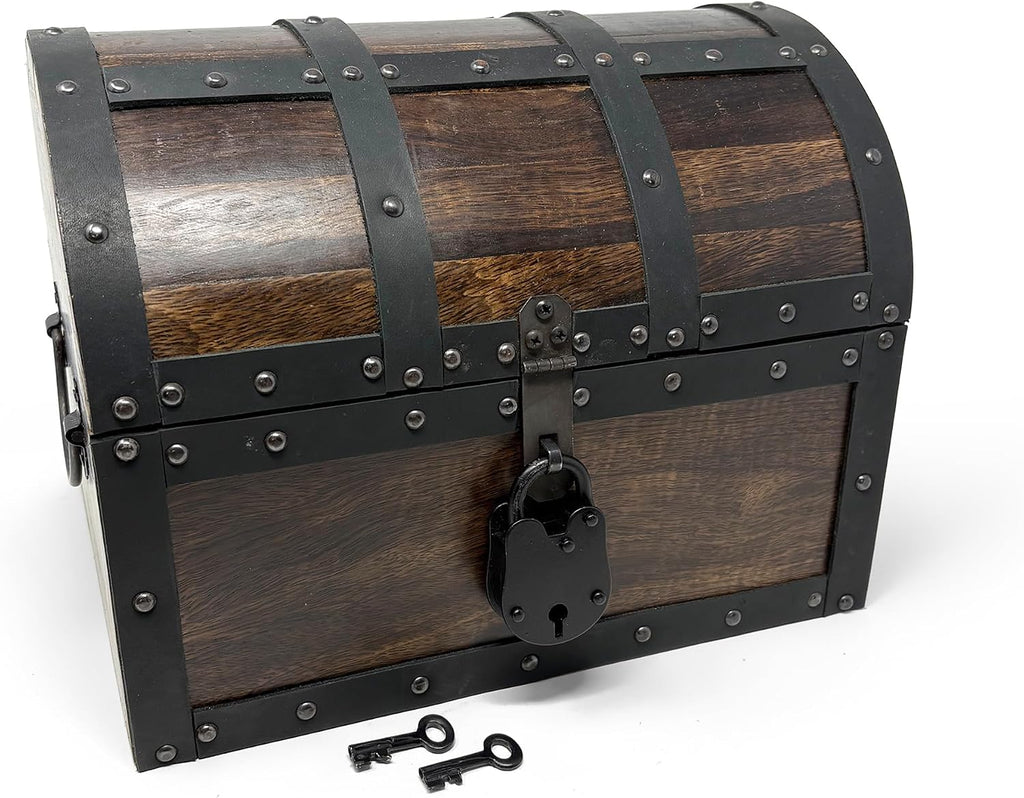 Nautical Cove Handmade Wooden Treasure Chest Storage Box – Deluxe Design with Real Leather Accents, Working Iron Lock & Skeleton Keys, Decorative Keepsake Chest (Large - 12 × 9 × 9")