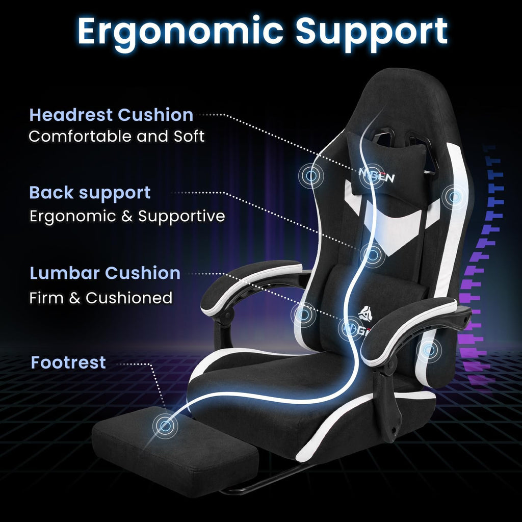N-GEN GAMING Gaming Chair Video Game Computer Office Desk Use Ergonomic Reclining Backrest Adjustable Armrests Lumbar Support Footrest High Density Foam Breathable Fabric Heavy Duty Base (Black)