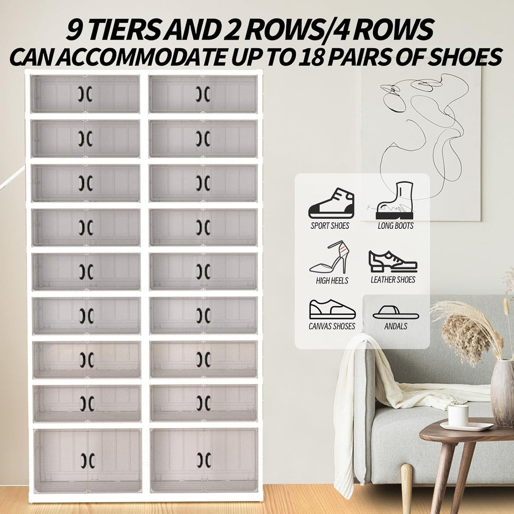 GCCSJ 9 Tiers 36 Pairs Foldable Shoe Rack Organizer, Plastic Collapsible Shoe Shelf, Folding Shoe Box Storage Cabinet with Magnetic Clear Door Easy Assembly