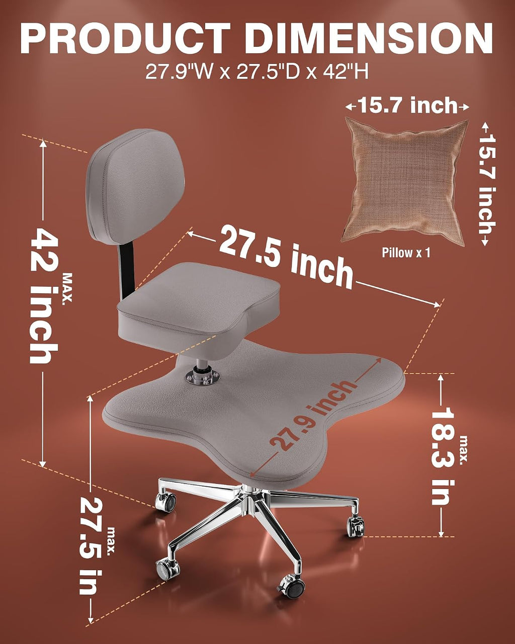 PYY ADHD Chairs for Adults - Meditation Cross Legged Office Chair with Wheels, Ergonomic Squatting Kneeling Fidget Chair with Lumber Back Support Adjustable Height for Home and Office Gray