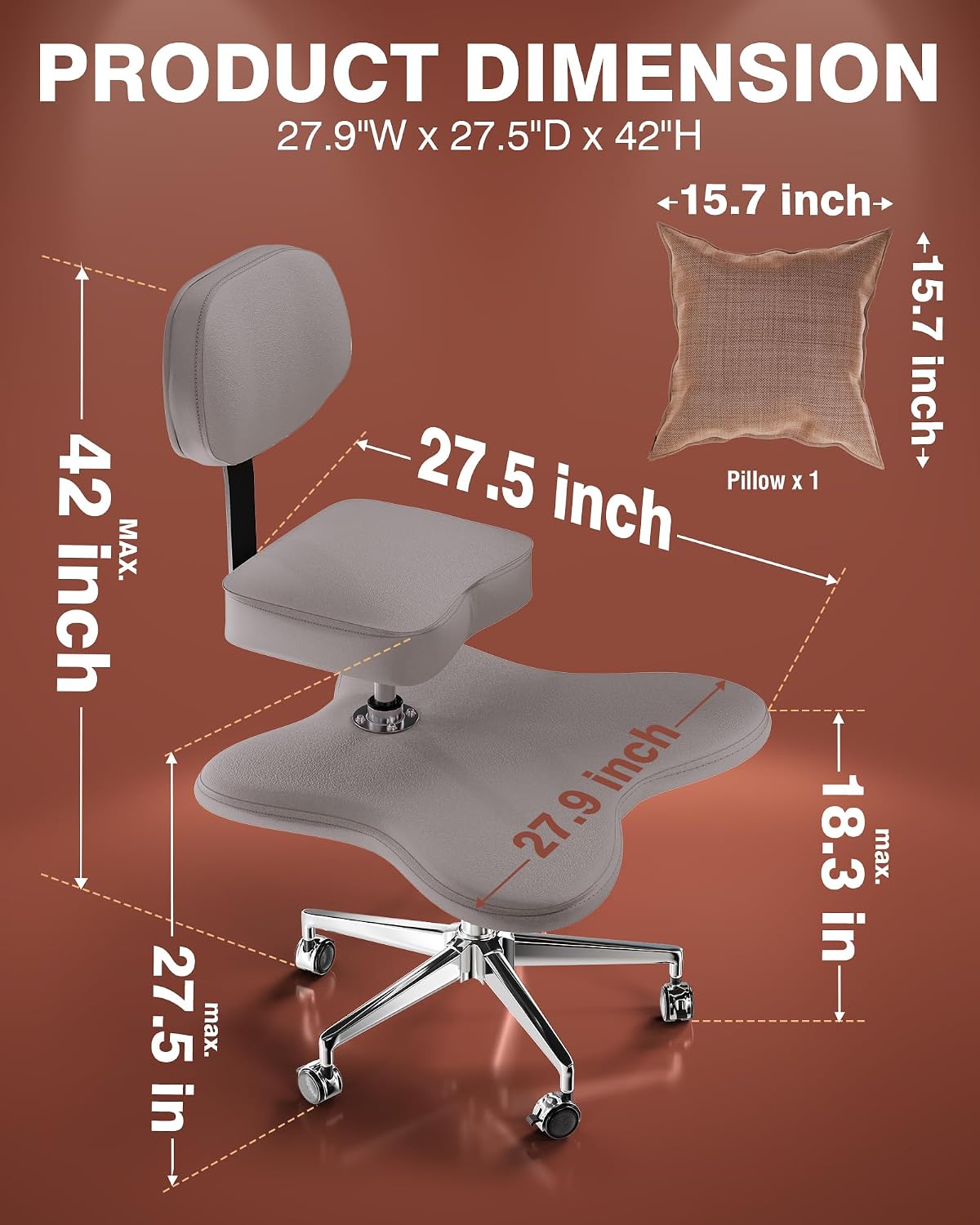 PYY ADHD Chairs for Adults - Meditation Cross Legged Office Chair with Wheels, Ergonomic Squatting Kneeling Fidget Chair with Lumber Back Support Adjustable Height for Home and Office Gray
