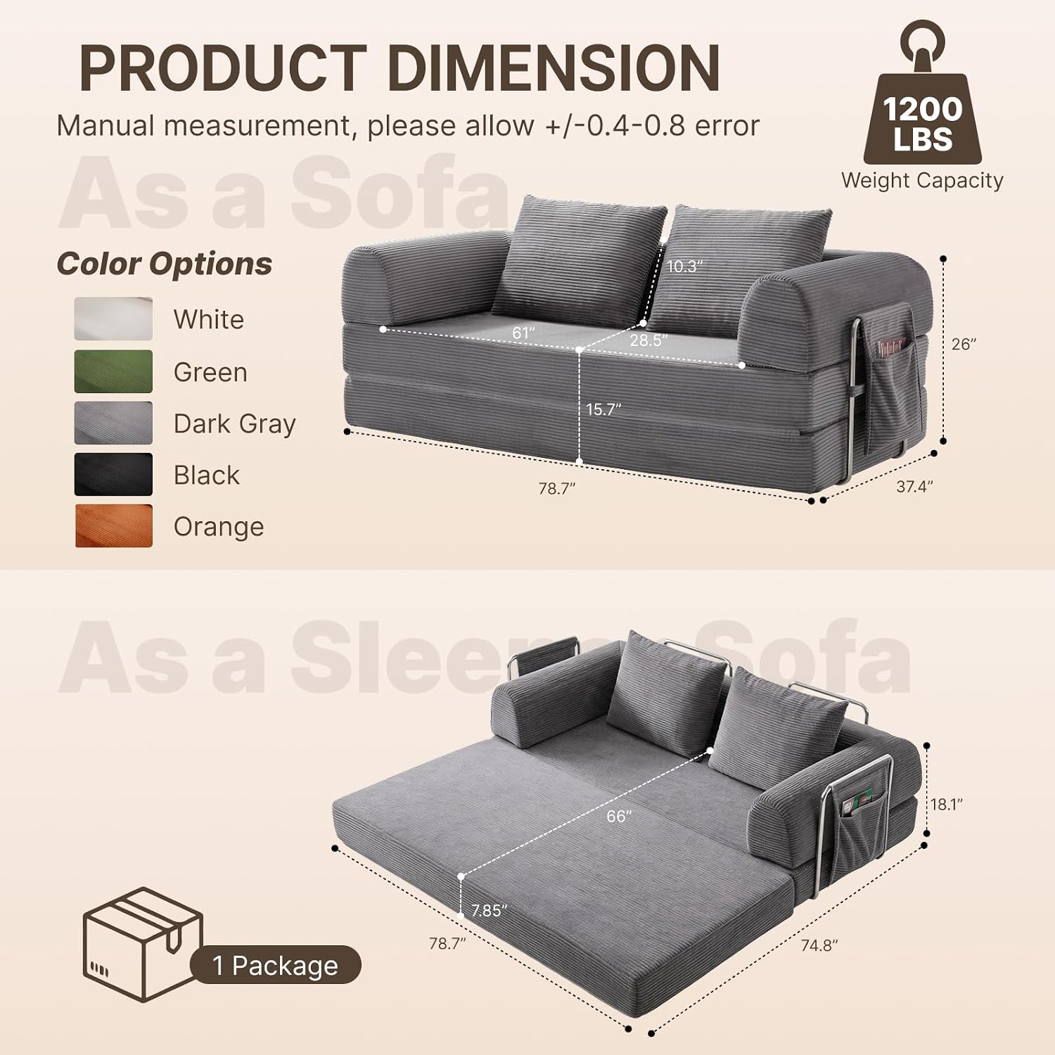 78" Convertible Sofa Bed, Corduroy Futon Couch with Storage Pocket, Boneless Pull Out Sleeper Sofa, Foldable Couch for Living Room Bedroom, No Assembly Space Saver, Gray