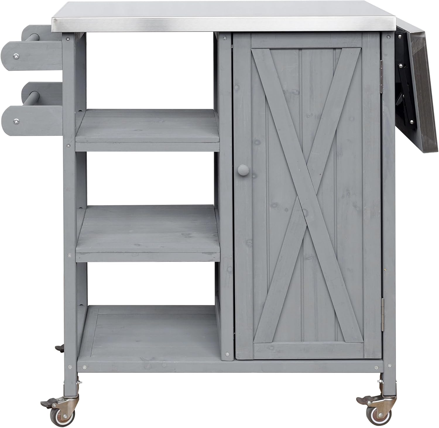 40 Sturdy Fir Wood Garden Table for Planting, Planter Bench with Foldable Top, Outdoor Storage Cabinets with Lockable Wheels for Patio Cooking, Grey