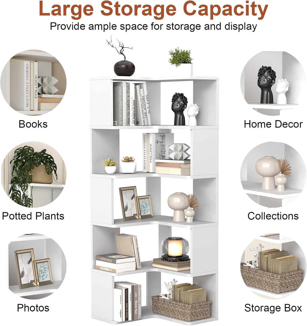 6-Tier Corner Bookshelf, 66" Tall L-Shaped Corner Shelf with Anti-Fall Baffles for Living Room Decor, Heavy Duty Wooden Bookcase Display Rack for Home Office Storage,White