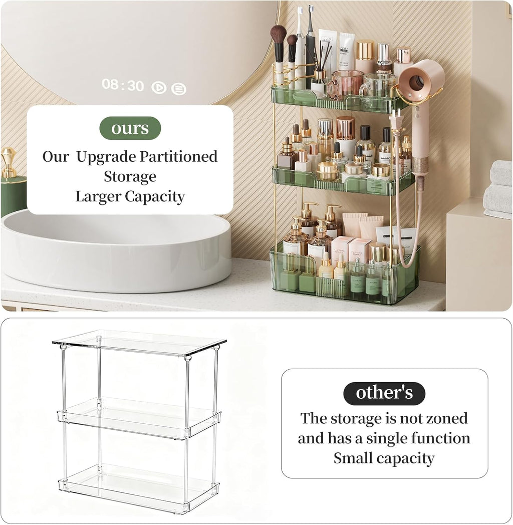 Bathroom Counter Organizer for Vanity, Makeup Organizer Countertop with Holder, Large Capacity Storage Rack, Perfect Large Skincare, Hair Care, Perfume, Easy to Install (Green, 3Tiers)