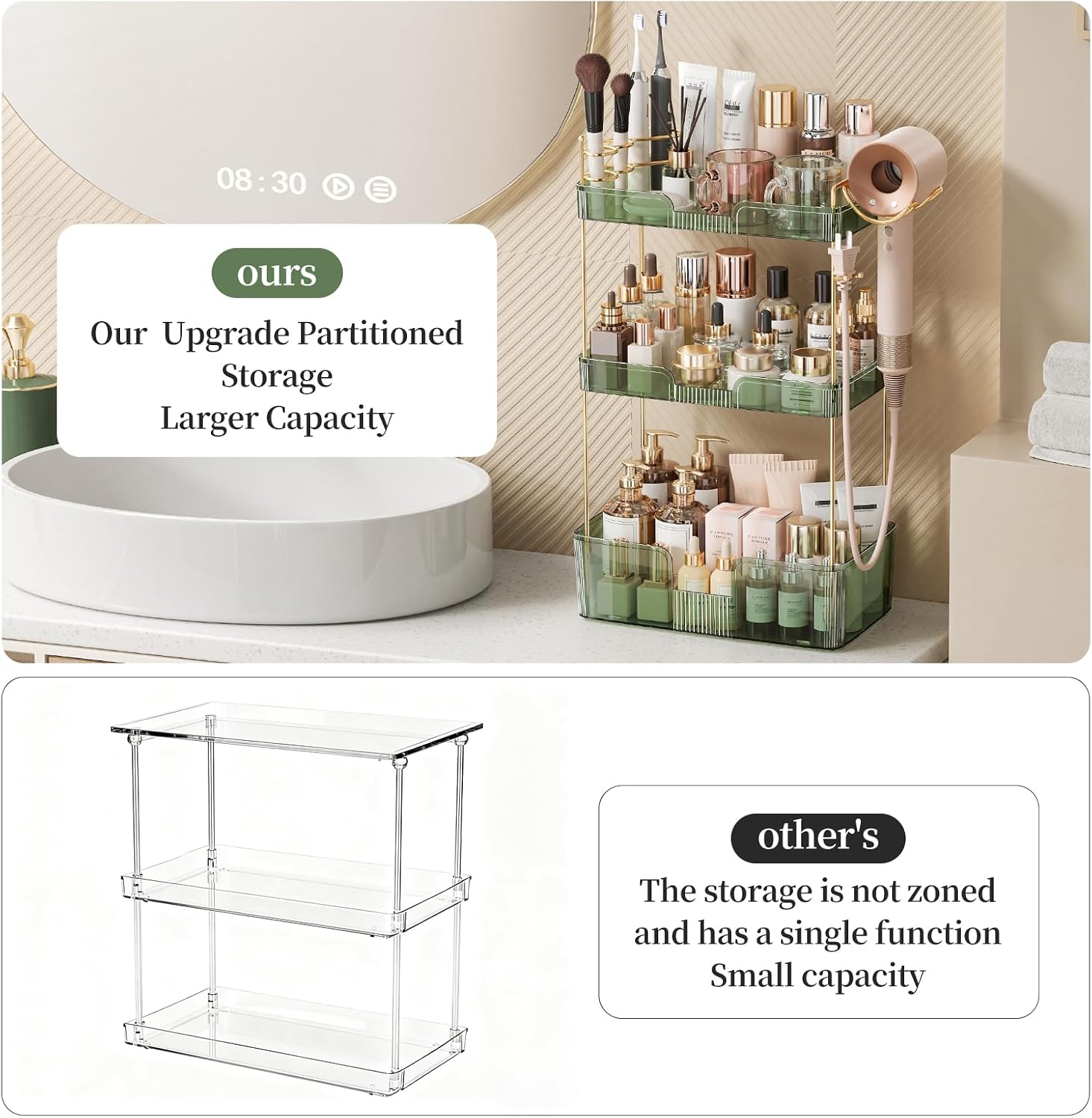 Bathroom Counter Organizer for Vanity, Makeup Organizer Countertop with Holder, Large Capacity Storage Rack, Perfect Large Skincare, Hair Care, Perfume, Easy to Install (Green, 3Tiers)