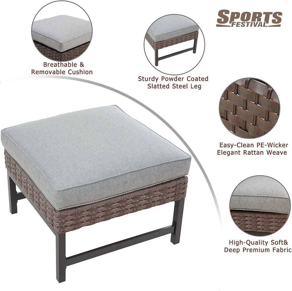 Outdoor Patio Ottoman with Cushion All Weather Wicker Footrest Rattan Furniture Square Footstool Seat with Metal Frame for Deck Yard Lawn