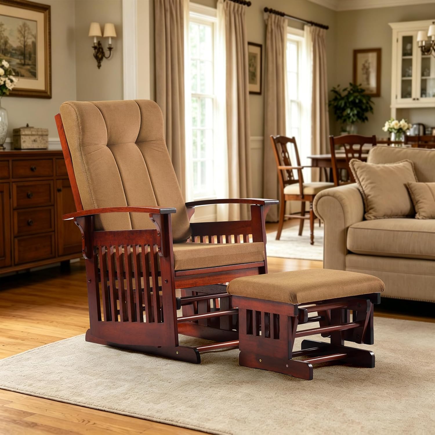 Solid Wood Glider Rocking Chair & Ottoman Set, Perfect for Nursery & Nursing, Padded Cushion with Smooth Rocking Motion, Rustic Finish for Living Room Napping and Reading,Dark Brownish