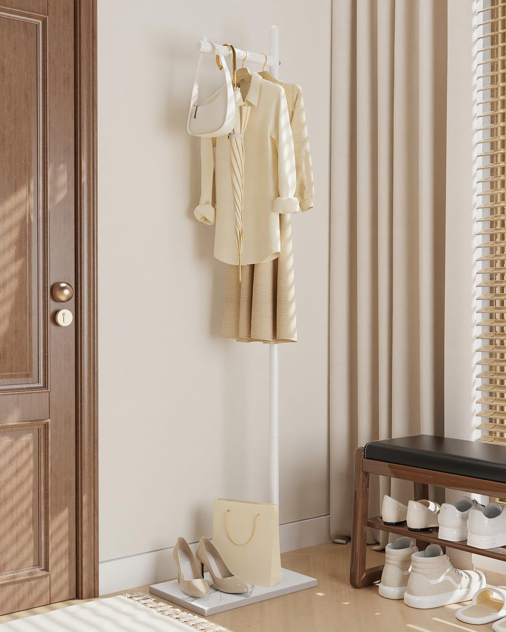 Yawinhe Metal Coat Racks with Square Base,L-Shaped Clothes Stand,White | Freestanding Hall Tree for Bedroom;Clothes Hanger Stand Suitable for Entryway; Stable Clothing Rack for Hallway