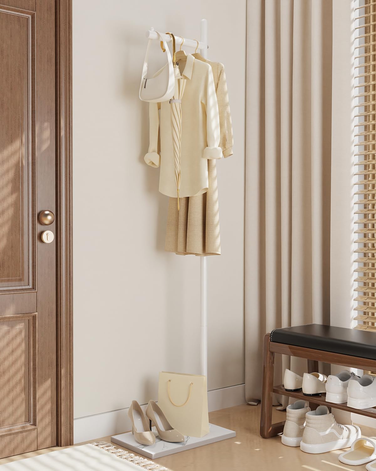 Yawinhe Metal Coat Racks with Square Base,L-Shaped Clothes Stand,White | Freestanding Hall Tree for Bedroom;Clothes Hanger Stand Suitable for Entryway; Stable Clothing Rack for Hallway