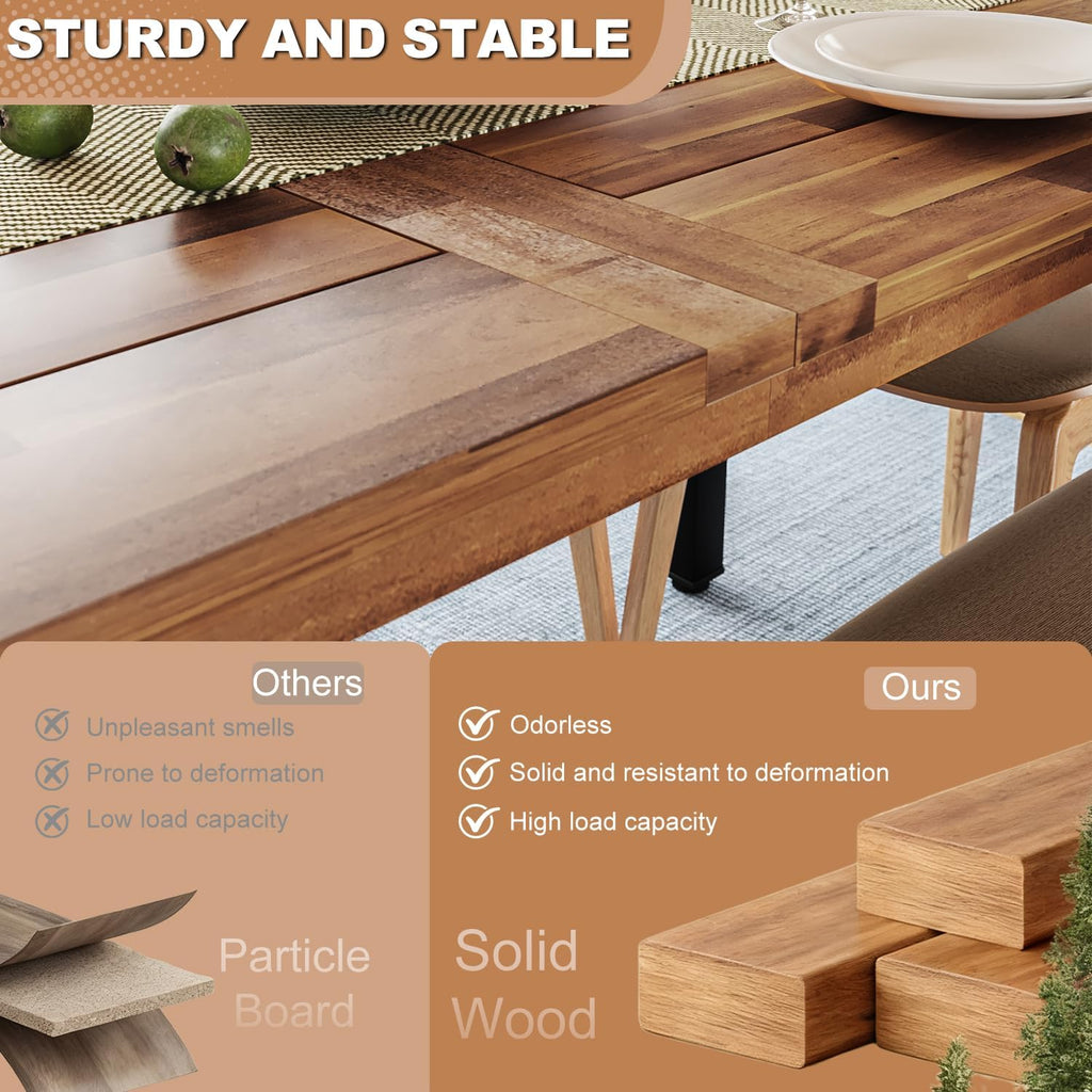 OFIKA Dining Table for 6-8 People, 70" Acacia Wood Rustic Rectangular Dinner Table with Metal Frame, Sandblast Finish, Natural Stained, Indoor Outdoor Kitchen Dining Room Table Large 70x33.2x30 inch