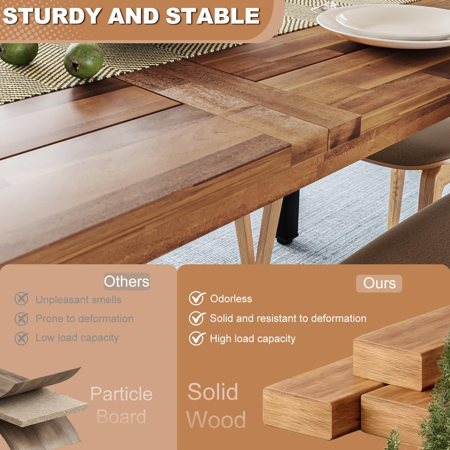 OFIKA Dining Table for 6-8 People, 70" Acacia Wood Rustic Rectangular Dinner Table with Metal Frame, Sandblast Finish, Natural Stained, Indoor Outdoor Kitchen Dining Room Table Large 70x33.2x30 inch