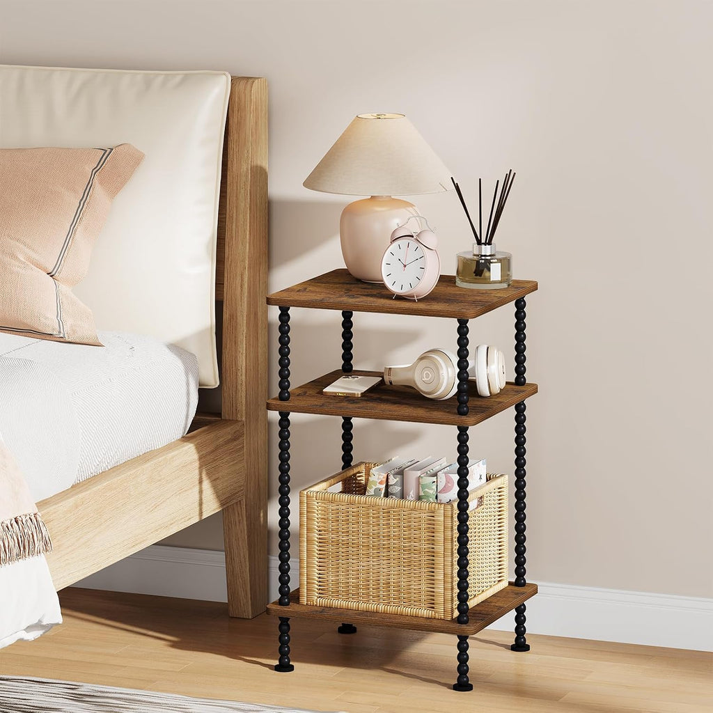 YINMIT Side Table,3-Tier End Table with Metal Legs,Open Storage Nightstand | Small Side Table,Safe Rounded Corners,Adjustable Feet,Vintage Spindle Design For Small Place Bedroom Living Room Office