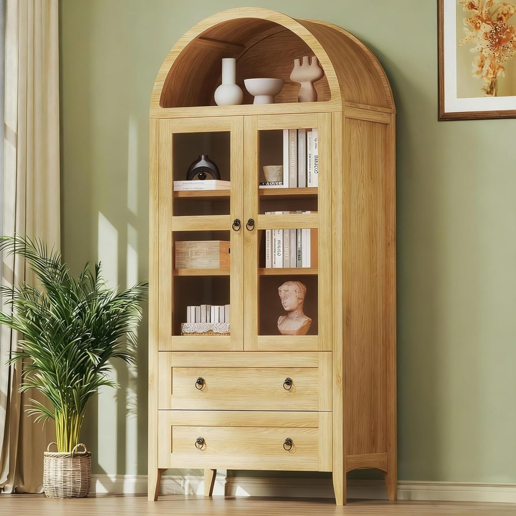 HUAHUU 71" Tall Pantry Cabinet, Arched Cabinet, Kitchen Storage Cabinets with 2 Large Drawers & Adjustable Shelves & Glass Door for Living Room, Kitchen, Dining Room, Natrual