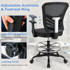 COSTWAY Tall Office Chair, Ergonomic Mesh Back Counter Height Standing Desk Chair w/Adjustable Footrest & Armrests, Rolling Height Adjustable Computer Drafting Chair for Home Office, Black