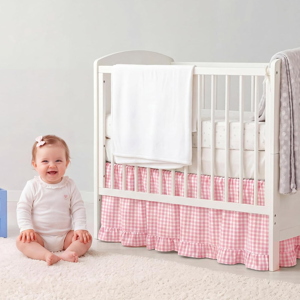 Gingham Crib Skirt Dust Ruffle 52 x 28 Inch 100% Washed Cotton Ruffle Plaid Baby Crib Bed Skirt Soft Farmhouse for Boys & Girls Nursery Bedding Decor, Fits Standard Cribs(Pink)
