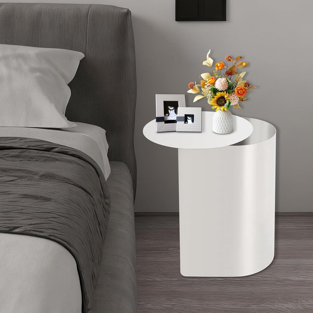 Bedside Table Small Nightstand, Compact Stainless Steel Side Table, Space Saving End Table for Living Room, Bedroom, Office,Apartment (Round Shape)